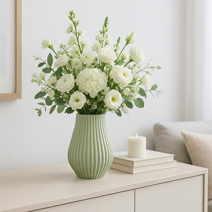 Flower Vase for Living Room Decor Display – 3D Printed Design, Ceramic Vase for Bedroom, House, Room, or Office Decor Accent – Ribbed Decorative Vase for Home and Table Accent– 9” Green