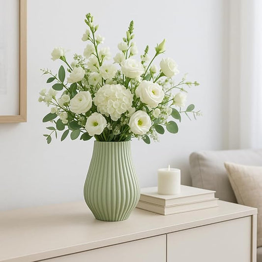 Flower Vase for Living Room Decor Display – 3D Printed Design, Ceramic Vase for Bedroom, House, Room, or Office Decor Accent – Ribbed Decorative Vase for Home and Table Accent– 9” Green