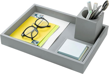 MyGift 3 pcs Set Modern Gray Concrete Desk Organizer Trays, Desktop Office Paper Tray, Stationery Holder Pencil Cup, Sticky Note Pad Holder