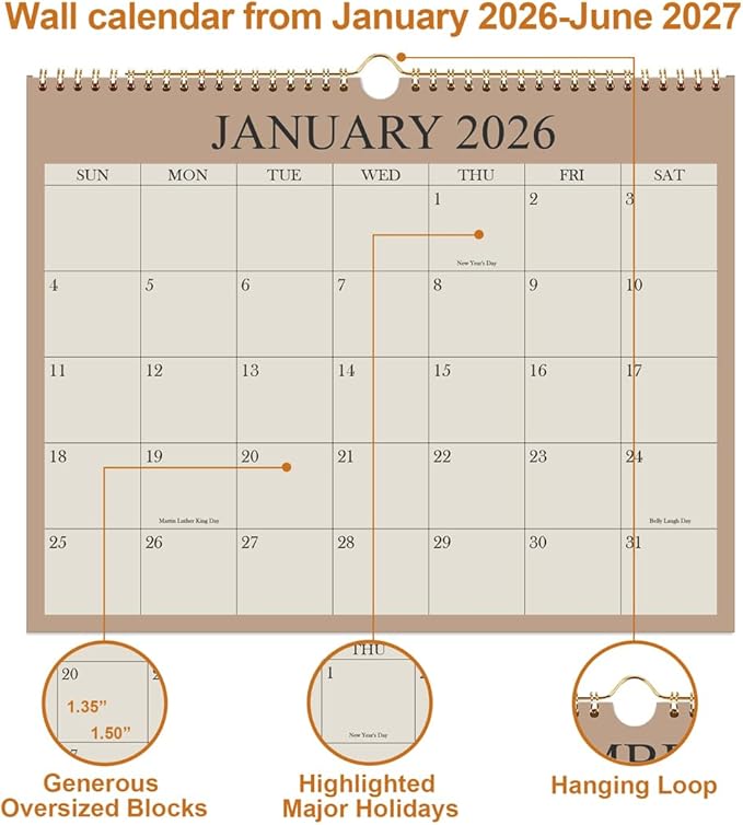 Calendar 2026 - Wall Calendar from January 2026 - June 2027, 18 Months Calendar with Premium Paper, Twin-Wire Binding & Hanging Hook, 8.5" x 11", Beige