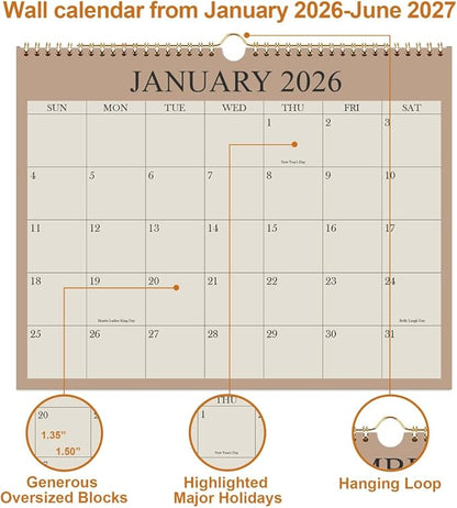 Calendar 2026 - Wall Calendar from January 2026 - June 2027, 18 Months Calendar with Premium Paper, Twin-Wire Binding & Hanging Hook, 8.5" x 11", Beige