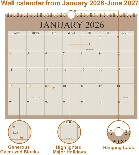 Calendar 2026 - Wall Calendar from January 2026 - June 2027, 18 Months Calendar with Premium Paper, Twin-Wire Binding & Hanging Hook, 8.5" x 11", Beige