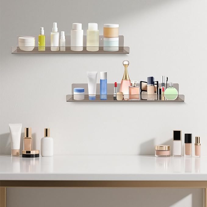 Dezzer 4 Pack Acrylic Shelves for Wall, 15" Acrylic Floating Shelves for Bathroom Bedroom, Invisible Bookshelf Wall Ledge Storage Shelf Books Perfume Toys Action Figure Display Shelves, Clear Gray
