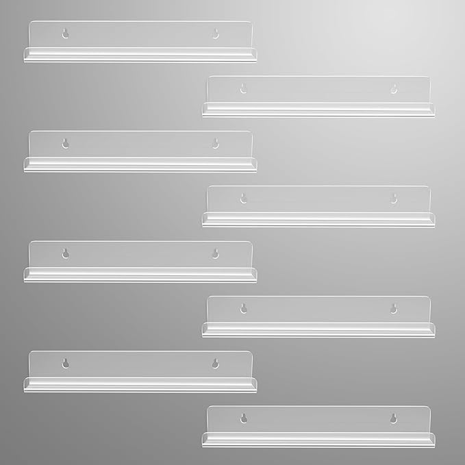 Gotega 8 Pack Vinyl Record Shelf Wall Mount, 12 inch Album Record Holder Display, Clear Acrylic Floating Shelves for Wall, Suitable for Bedroom, Living Room, Magazine Shelf, Kids Bookshelf, etc