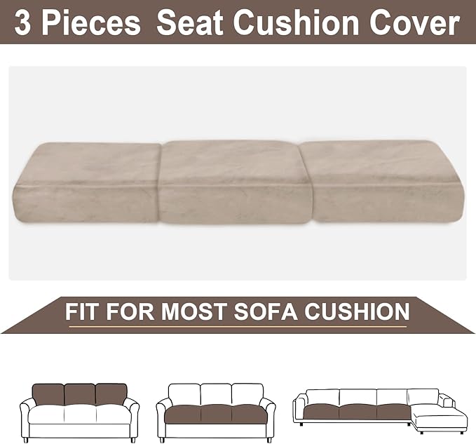 NAISI Couch Cushion Covers 3 Pieces Velvet Stretch Sofa Seat Covers or Backrest Covers Soft Individual Couch Covers for Sectional Sofa(3 Pcs for 3-Seat Cushion,Taupe)