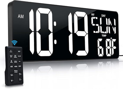 Large Digital Wall Clock with Remote Control 17.2" LED Large Display Timer with Temperature Date Week Auto DST Adjustable Brightness, Big Wall Alarm Clock for Living Room Office Garage Gym Seniors