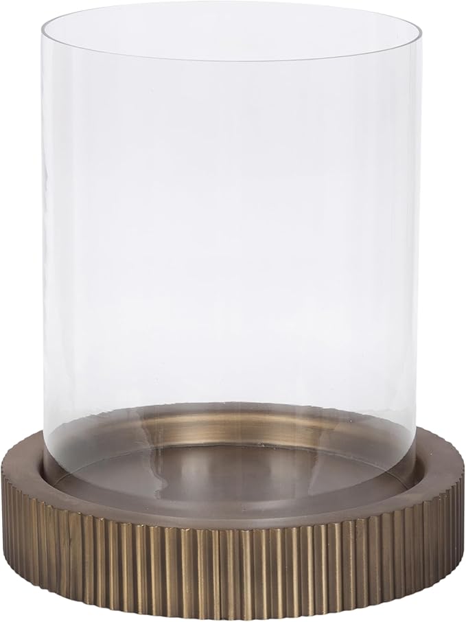 Kate and Laurel Rooks Modern Large Metal Pillar Candle Holder with Hurricane, 10 Inch Diameter, Antique Brass, Transitional Ribbed Oversized Hurricane Candle Holder with Glass Cylinder for Living Room