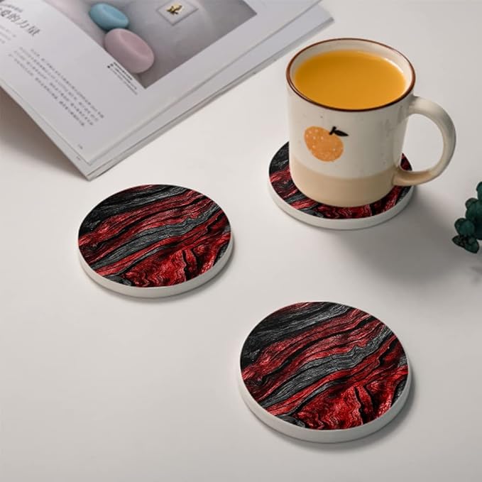 HUXJOKO Coasters for Drinks Set of 6,Red Black Wood Grain Absorbent Ceramic Coaster,Round Stone Mat,with Cork Base and Metal Holder for Coffee Table Room Bar Home Decor Housewarming Gifts