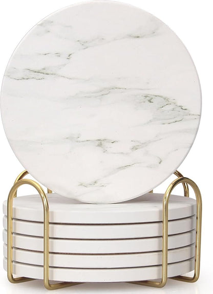 White Marble Coasters Set of 6 - Round Ceramic Absorbent Coasters with Holder for Lounge, Bar, Coffee, Cup, Table, Desk