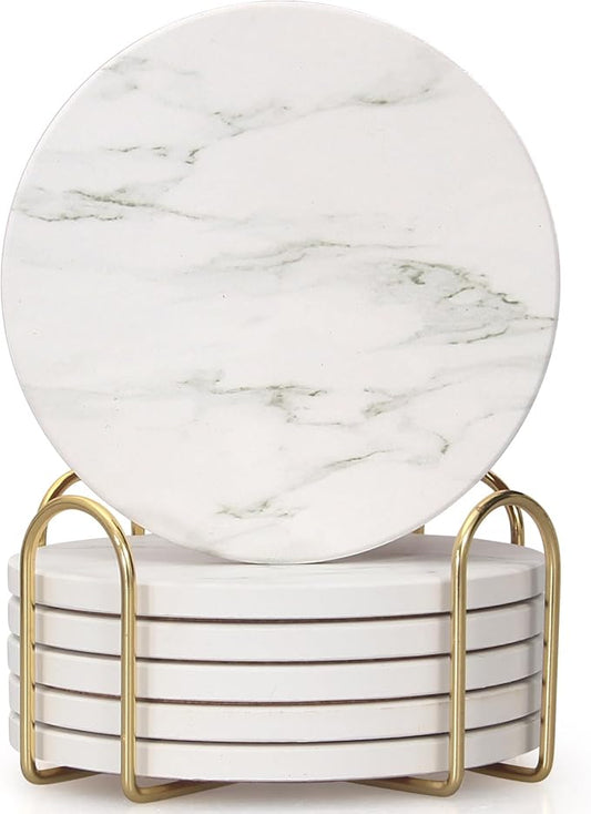 White Marble Coasters Set of 6 - Round Ceramic Absorbent Coasters with Holder for Lounge, Bar, Coffee, Cup, Table, Desk