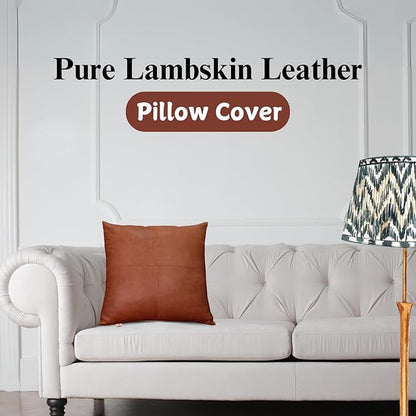 Lambskin Leather Pillow Cover - Sofa Cushion Case - Decorative Throw Covers for Living Room & Bedroom, 14x14 Inches - Orange Crunch Plain Pack of 2