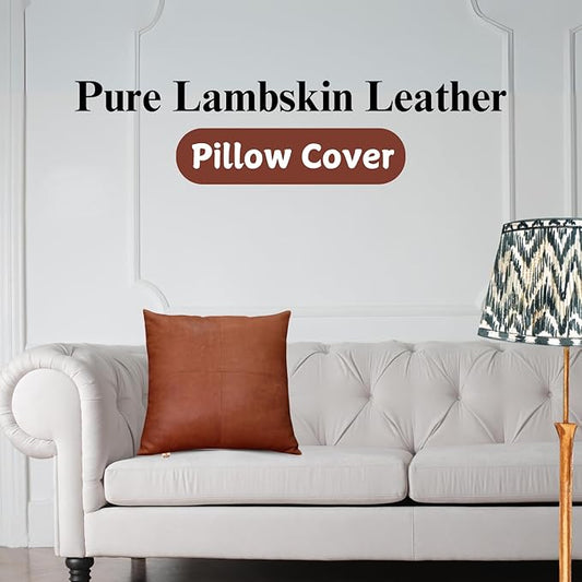 Lambskin Leather Pillow Cover - Sofa Cushion Case - Decorative Throw Covers for Living Room & Bedroom, 20x20 Inches - Orange Crunch Plain Pack of 2