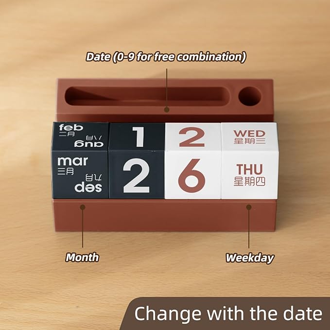 Block Calendar for Desk, Daily Desktop Perpetual Desk Calendar, Cute Date Display Blocks Desk Accessory for Home Office Decor, Teacher, Classroom, Reusable Yearly (Red, With phone holder)