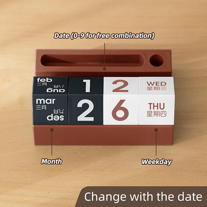 Block Calendar for Desk, Daily Desktop Perpetual Desk Calendar, Cute Date Display Blocks Desk Accessory for Home Office Decor, Teacher, Classroom, Reusable Yearly (Red, With phone holder)