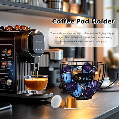 Coffee Pod Holder Large Capacity K Cup Holder for Counter,Coffee Filter Holder Black Wire Coffees Storage Basket for Kitchen Countertop,Coffees Bar,Coffe-e Station Organizer