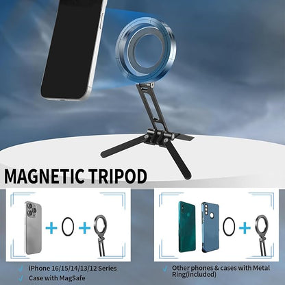 FIFIELD Magnetic Phone Tripod Stand 1/4" Screw Aluminum Mini Foldable Tripod for Cell Phone, Travel Essential Adjustable iPhone Stand for Desk/Handheld, Compatible with iPhone 16/15/14/13/12 Series