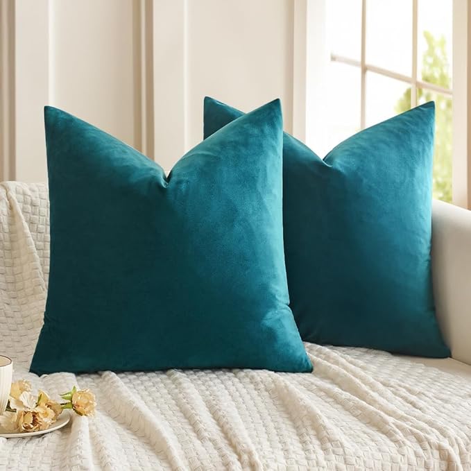 MIULEE Velvet Throw Pillow Covers 18x18 Inch, Pack of 2 - Teal, Super Soft Decorative Square Cushion Cases Modern Luxury Home Decor for Sofa, Couch, Bed, Chair with Invisible Zipper