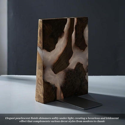 Resin Bookends Large Heavy Duty Bookends for Shelves, Unique Burl Wood Figure Book Ends for Study Office, Fancy Modern Decorative Book Supports for Bookshelf Organization (Pearlescent White)
