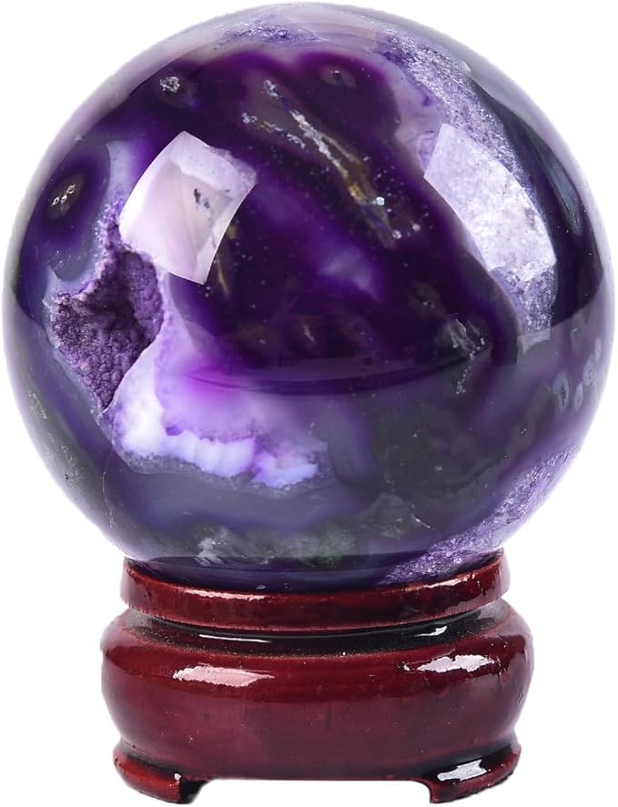 JIC Gem Purple Moss Agate Crystal Sphere Large Purple Crystal Ball with Stand Healing Ornament Witchcraft Meditation Decor 2.3-2.7 inch(60-70mm)