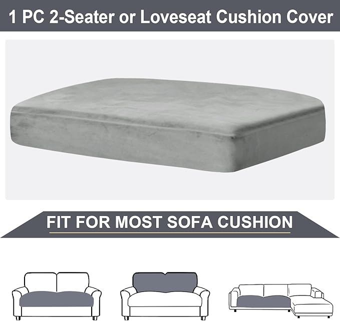NAISI Couch Cushion Covers 1 Piece Velvet Stretch Loveseat Cover or 2 Seat Sofa Cover Soft Individual Couch Covers for Sectional Sofa(1 PC for 2-Seat Cushion or Loveseat,Light Grey)