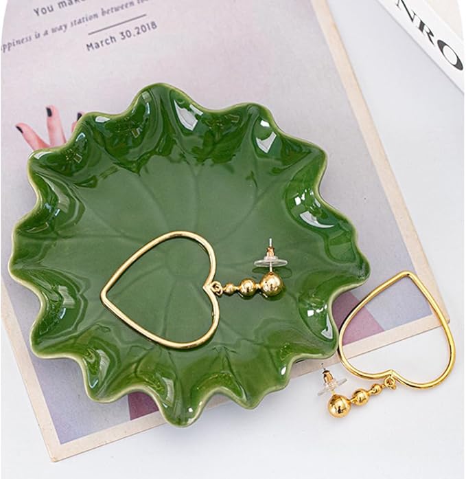 Ceramic Jewelry Tray, Decorative Trinket Dish for Rings Earrings Necklaces Bracelet Watch Keys, Birthday Mother's Day Christmas Thanksgiving Gift for Women, 4.7", Green Lotus Leaves
