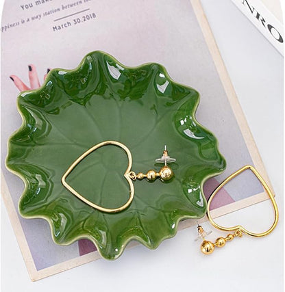 Ceramic Jewelry Tray, Decorative Trinket Dish for Rings Earrings Necklaces Bracelet Watch Keys, Birthday Mother's Day Christmas Thanksgiving Gift for Women, 4.7", Green Lotus Leaves