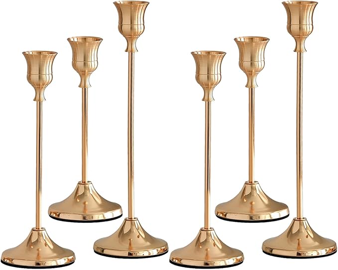 French Gold Candlestick Holders Set of 6, Metal Taper Candle Holders, Classic Decorative Candle Stick for Christmas, Wedding, Party, Dinner Tables,Home Décor