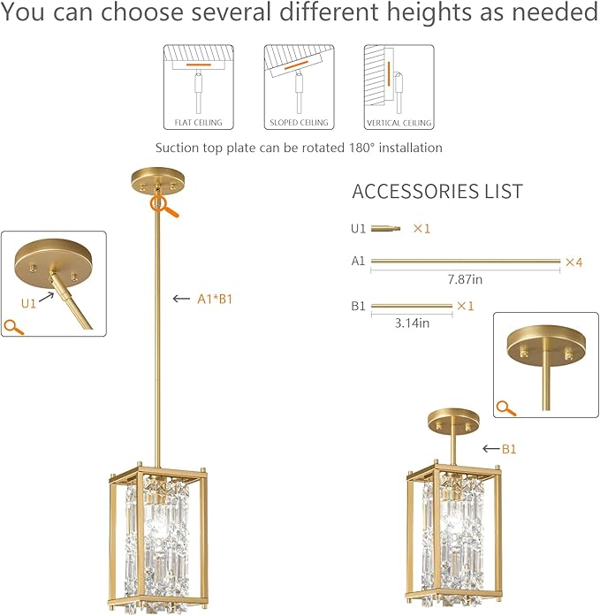 LMQNINE Modern Gold Pendant Light Fixtures for Kitchen Island, Crystal Chandelier Lights Fixture, Elegant Adjustable Pendant Lighting for Dining Room Bedroom (Square 1-Light)