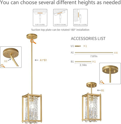LMQNINE Modern Gold Pendant Light Fixtures for Kitchen Island, Crystal Chandelier Lights Fixture, Elegant Adjustable Pendant Lighting for Dining Room Bedroom (Square 1-Light)