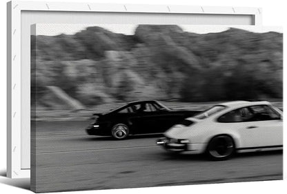 Black and White Photography Canvas Wall Art, Race Cars Aesthetic Poster, Trendy Classic Car Racing Photo Print Gift for Timeless Speed Enthusiasts, Man Cave Bedroom Wall Decor 12x16in Wrapped Canvas