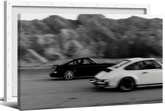 Black and White Photography Canvas Wall Art, Race Cars Aesthetic Poster, Trendy Classic Car Racing Photo Print Gift for Timeless Speed Enthusiasts, Man Cave Bedroom Wall Decor 12x16in Wrapped Canvas
