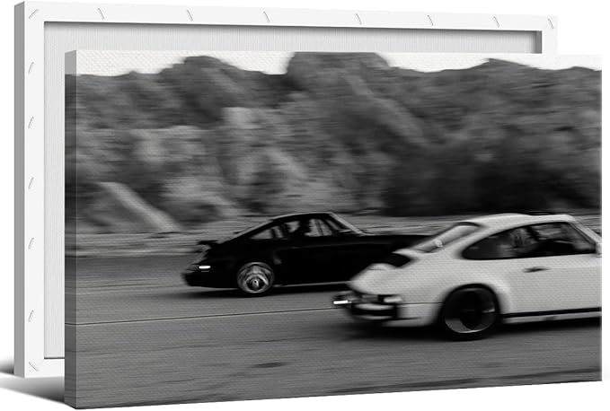 Black and White Photography Canvas Wall Art, Race Cars Aesthetic Poster, Trendy Classic Car Racing Photo Print Gift for Timeless Speed Enthusiasts, Man Cave Bedroom Wall Decor 24x36in Wrapped Canvas
