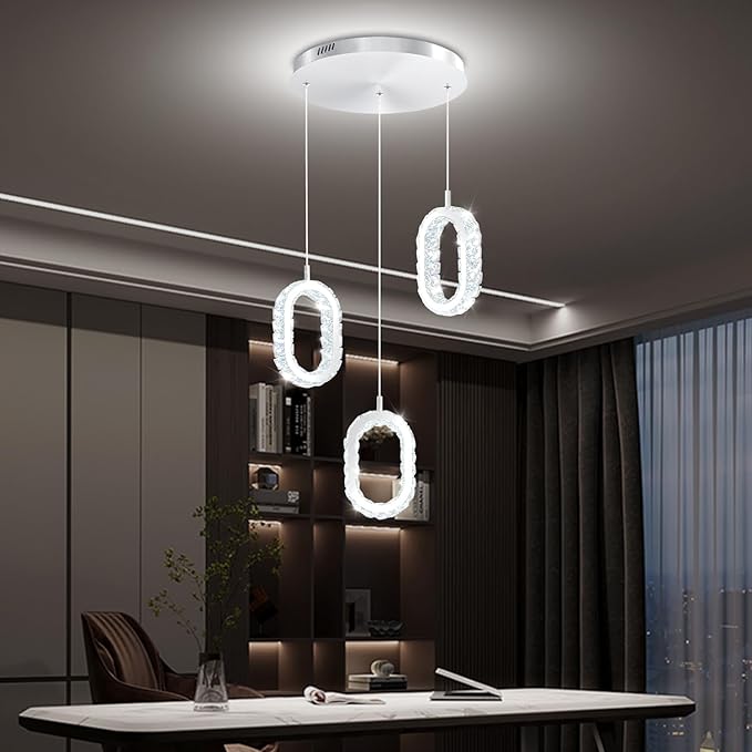 Oval Ring Chandelier Modern LED Dimmable Crystal Pendant Light for Kitchen Island Crystal Ring Chandelier for Dining Room Bedroom Living Room 3-Light Silver