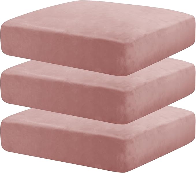 MAXIJIN Velvet Stretch Seat Cushion Covers Couch Cushion Cover for Individual Cushions Sofa Seat Cushion Slipcovers with Elastic Bottom (3 Piece XL Sofa Cushion Covers, Dusty Pink)