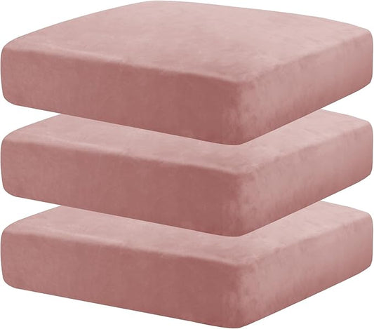 MAXIJIN Velvet Stretch Seat Cushion Covers Couch Cushion Cover for Individual Cushions Sofa Seat Cushion Slipcovers with Elastic Bottom (3 Piece XL Sofa Cushion Covers, Dusty Pink)