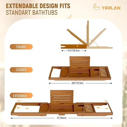 Yirilan Teak Bathtub Tray for Tub, Bath Table Tray for Tub Wood, Bathtub Caddy, Luxury Gift for House Warming, Wedding, Bridal Shower, Anniversary