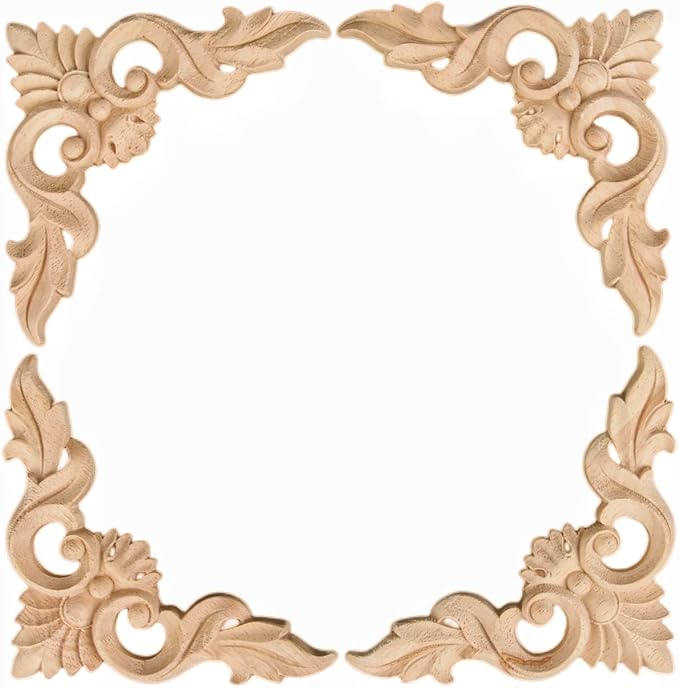 MUXSAM 4Pcs Wood Carved Appliques Onlays, Unpainted Little Wooden Corners Flower Carvings Decals for Mirrors Cabinets Walls Doors Chests Dressers Night Stand DIY Artwork Project, 8x8cm/3.15"x3.15"