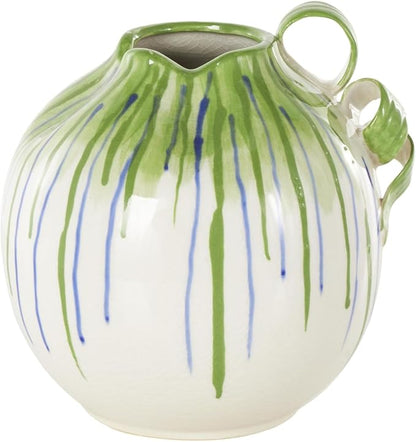 Deco 79 Ceramic Abstract Decorative Vase Centerpiece Vases with Green and Blue Drip Design and Handles, Flower Vases for Home Decoration 11" x 10" x 11", White