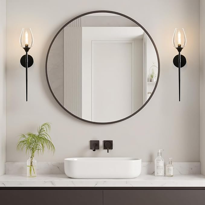 Black Glass Wall Sconce Light: Modern Decorative Sconces Lights over Mirror - Vintage Brushed Brass Bathroom Vanity Lighting with Flower Shade - Indoor Glass Wall Mount Lamp for Bedroom Living Room