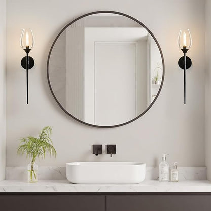 Black Glass Wall Sconce Light: Modern Decorative Sconces Lights over Mirror - Brushed Brass Bathroom Vanity Lighting with Flower Shade Set of 2 - Indoor Glass Wall Mount Lamp for Bedroom Living Room