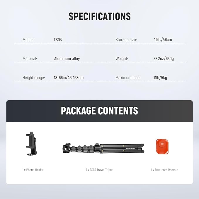 NEEWER Basic Phone Tripod for iPhone & Camera w/Remote & Phone Holder, 66" Metal Selfie Stick Travel Vlog Cell Phone Stand, Portable Camera Cellphone Holder Mount for Video Recording Filming, TS03