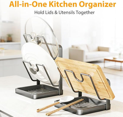 Kitchen Pot Lid Storage Rack, Multifunctional Utensils Pan Pot Cover Lid Rack Shelf for Pots Lids, Spatulas Multifunctional Kitchen Pot Lid Organizer for Countertop (Gunmetal Gray Double Layer)