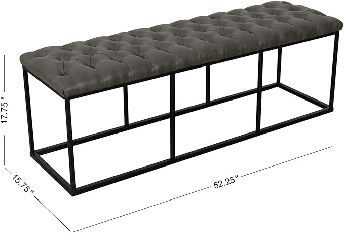 HomePop Upholstered Button Tufted Decorative Bench with Metal Base, Gray Faux Leather