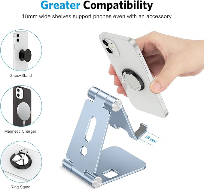 OMOTON Foldable Cell Phone Stand, C4 Portable Aluminum Phone Holder, Adjustable Phone Dock Cradle Compatible with iPhone 17/16/15 Pro Max Air, Samsung Galaxy, Small Tablets, Smart Phones, Light Blue