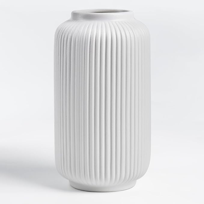 Matte White Ceramic Flower Vase, 8 Inch Ribbed Vase for Pampas Grass, Fresh or Dried Flowers, Decorative Centerpiece for Living Room, Kitchen, Bookshelf, Office Decor