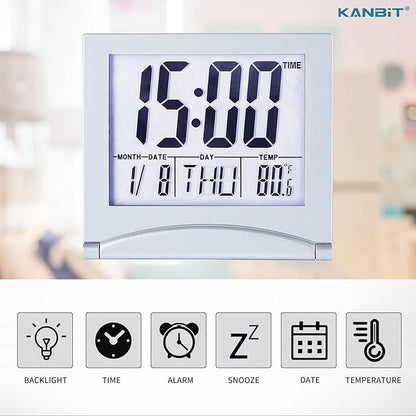 Small Digital Travel Alarm Clock Battery Operated, Portable Large Number Display Loud Alarm Clock with Temperature, Night Backlight, 12/24 H Desk Clock -Silver (White Light)