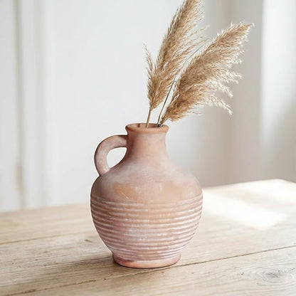 Ceramic Flower Vase with Handle, 6 inch Rustic Terracotta Vase, Vintage Clay Pottery, Farmhouse Decor, House Decorations for Home, Living Room, Bedroom, Entryway, Kitchen Decor