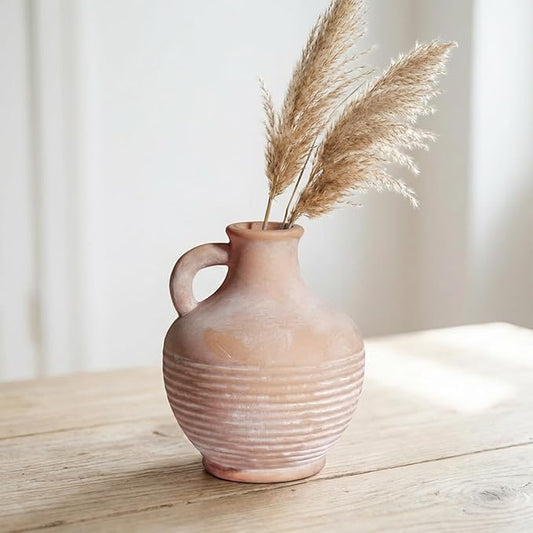 Ceramic Flower Vase with Handle, 6 inch Rustic Terracotta Vase, Vintage Clay Pottery, Farmhouse Decor, House Decorations for Home, Living Room, Bedroom, Entryway, Kitchen Decor