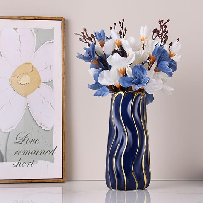 11.5" Blue Ceramic Vase - Minimalist Blue and Gold Flower Vase, Blue Decor Large Pampas Grass Vase, Boho Decorative Centerpiece Vase for Home Decor, Table, Shelf, Mantel, and Entryway
