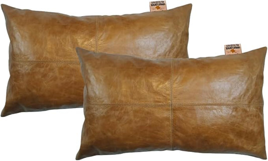 100% Lambskin Leather Pillow Cover - Sofa Cushion Case - Decorative Throw Covers for Living Room & Bedroom, 10x18 Inch - Gold Crunch Plain Pack of 1